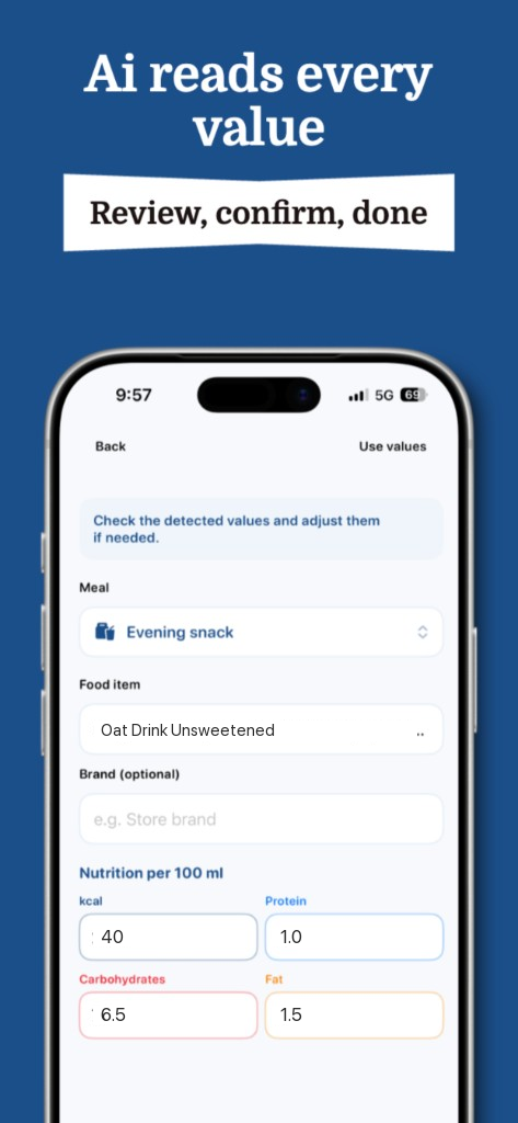 TuFit nutrition label review screen